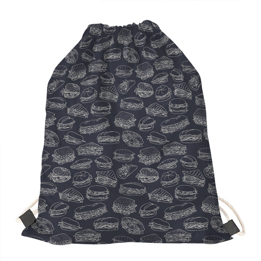 Navy Doodle Sandwich Pattern Print Drawstring Bag