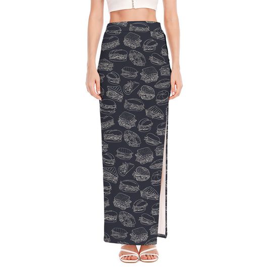 Navy Doodle Sandwich Pattern Print High Slit Maxi Skirt