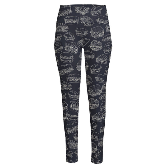 Navy Doodle Sandwich Pattern Print High-Waisted Pocket Leggings