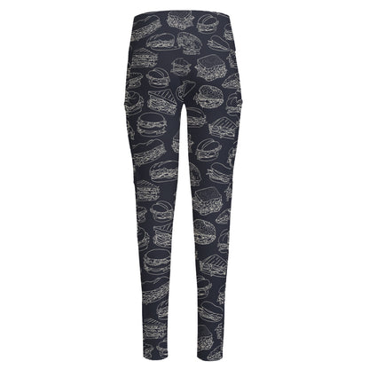 Navy Doodle Sandwich Pattern Print High-Waisted Pocket Leggings