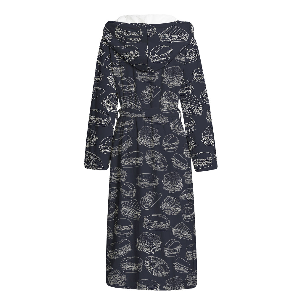 Navy Doodle Sandwich Pattern Print Hooded Bathrobe