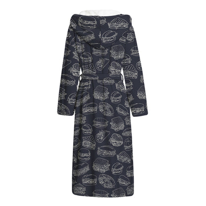 Navy Doodle Sandwich Pattern Print Hooded Bathrobe