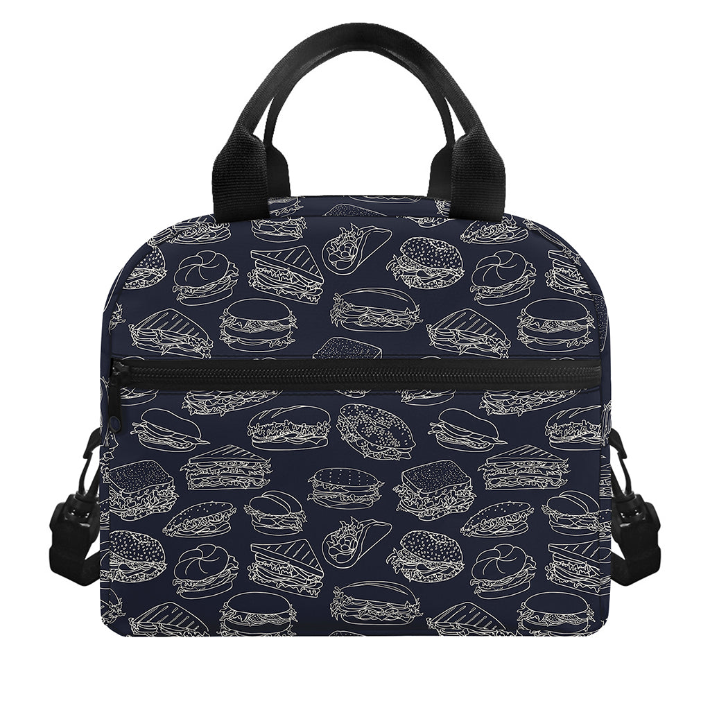 Navy Doodle Sandwich Pattern Print Insulated Lunch Bag