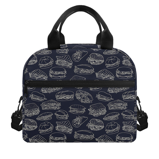 Navy Doodle Sandwich Pattern Print Insulated Lunch Bag