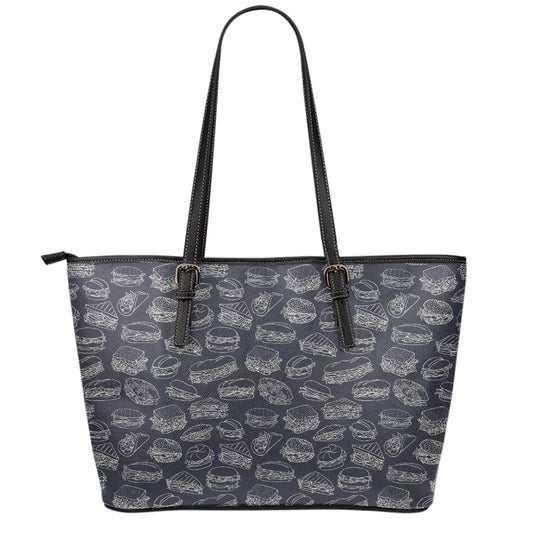 Navy Doodle Sandwich Pattern Print Leather Tote Bag