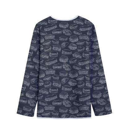 Navy Doodle Sandwich Pattern Print Long Sleeve Short Coat