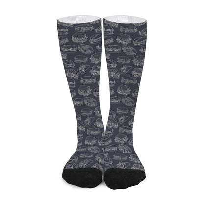 Navy Doodle Sandwich Pattern Print Long Socks
