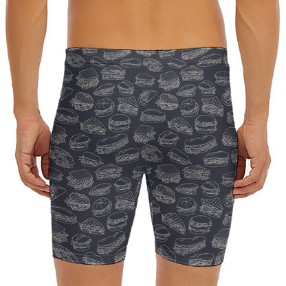 Navy Doodle Sandwich Pattern Print Men's Long Boxer Briefs