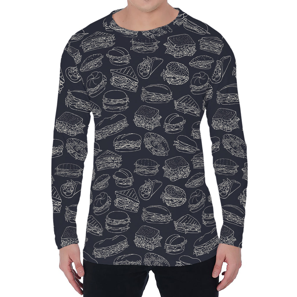 Navy Doodle Sandwich Pattern Print Men's Long Sleeve T-Shirt