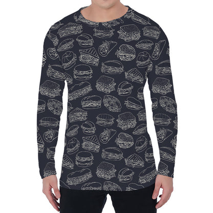 Navy Doodle Sandwich Pattern Print Men's Long Sleeve T-Shirt