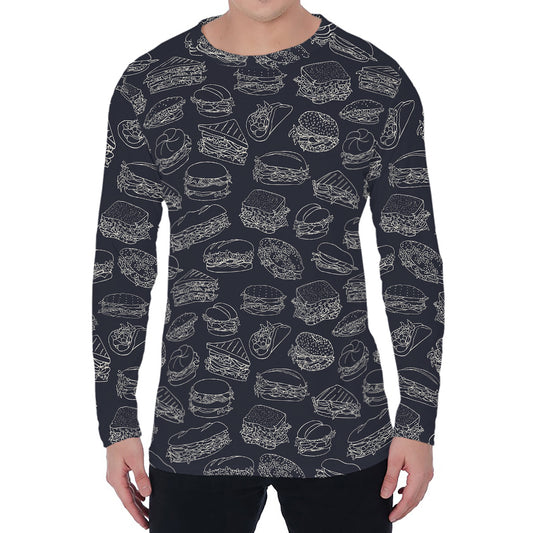 Navy Doodle Sandwich Pattern Print Men's Long Sleeve T-Shirt