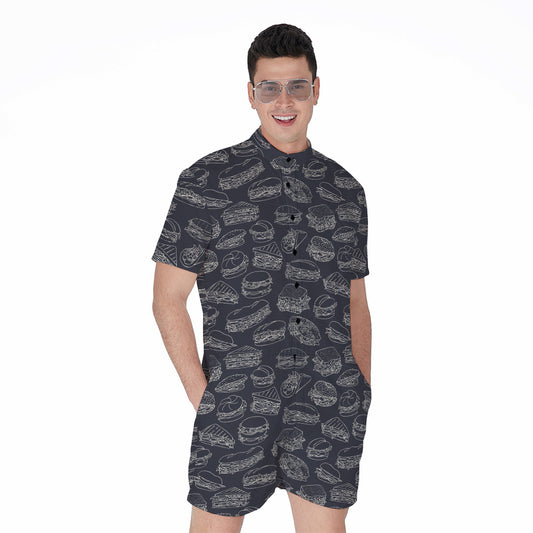 Navy Doodle Sandwich Pattern Print Men's Rompers