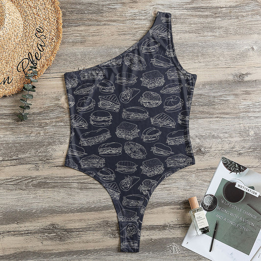 Navy Doodle Sandwich Pattern Print One Shoulder Bodysuit