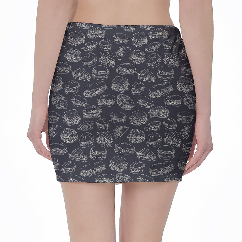 Navy Doodle Sandwich Pattern Print Pencil Mini Skirt