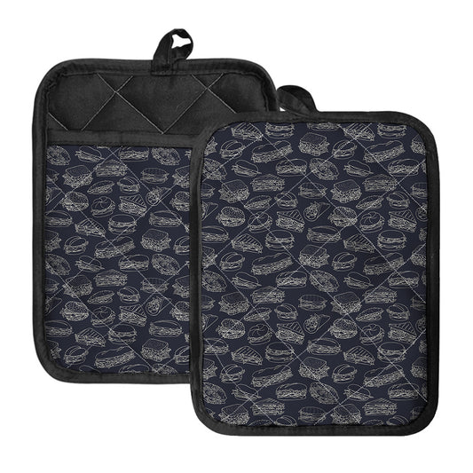 Navy Doodle Sandwich Pattern Print Pot Holders With Pocket