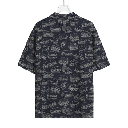 Navy Doodle Sandwich Pattern Print Rayon Hawaiian Shirt