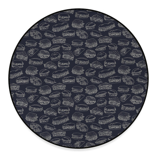 Navy Doodle Sandwich Pattern Print Round Floor Mat