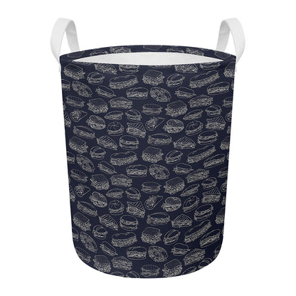 Navy Doodle Sandwich Pattern Print Round Laundry Basket