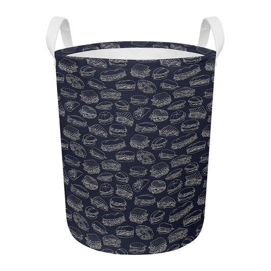 Navy Doodle Sandwich Pattern Print Round Laundry Basket