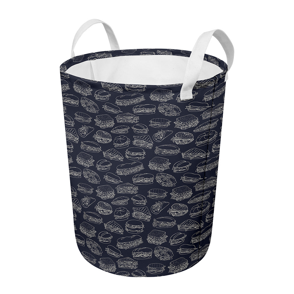 Navy Doodle Sandwich Pattern Print Round Laundry Basket