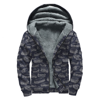 Navy Doodle Sandwich Pattern Print Sherpa Lined Zip Up Hoodie