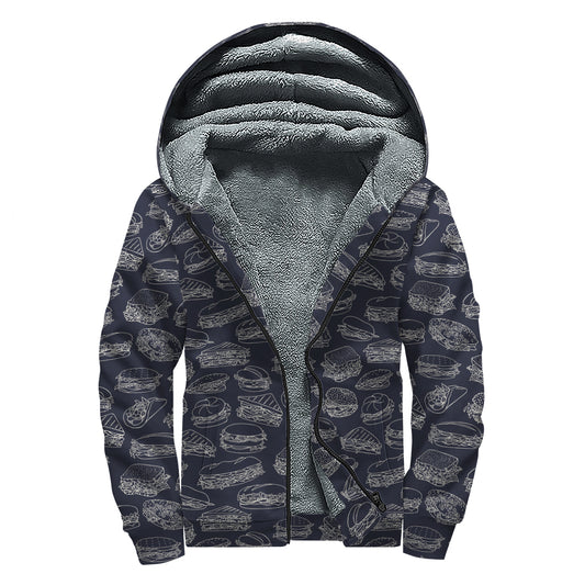 Navy Doodle Sandwich Pattern Print Sherpa Lined Zip Up Hoodie