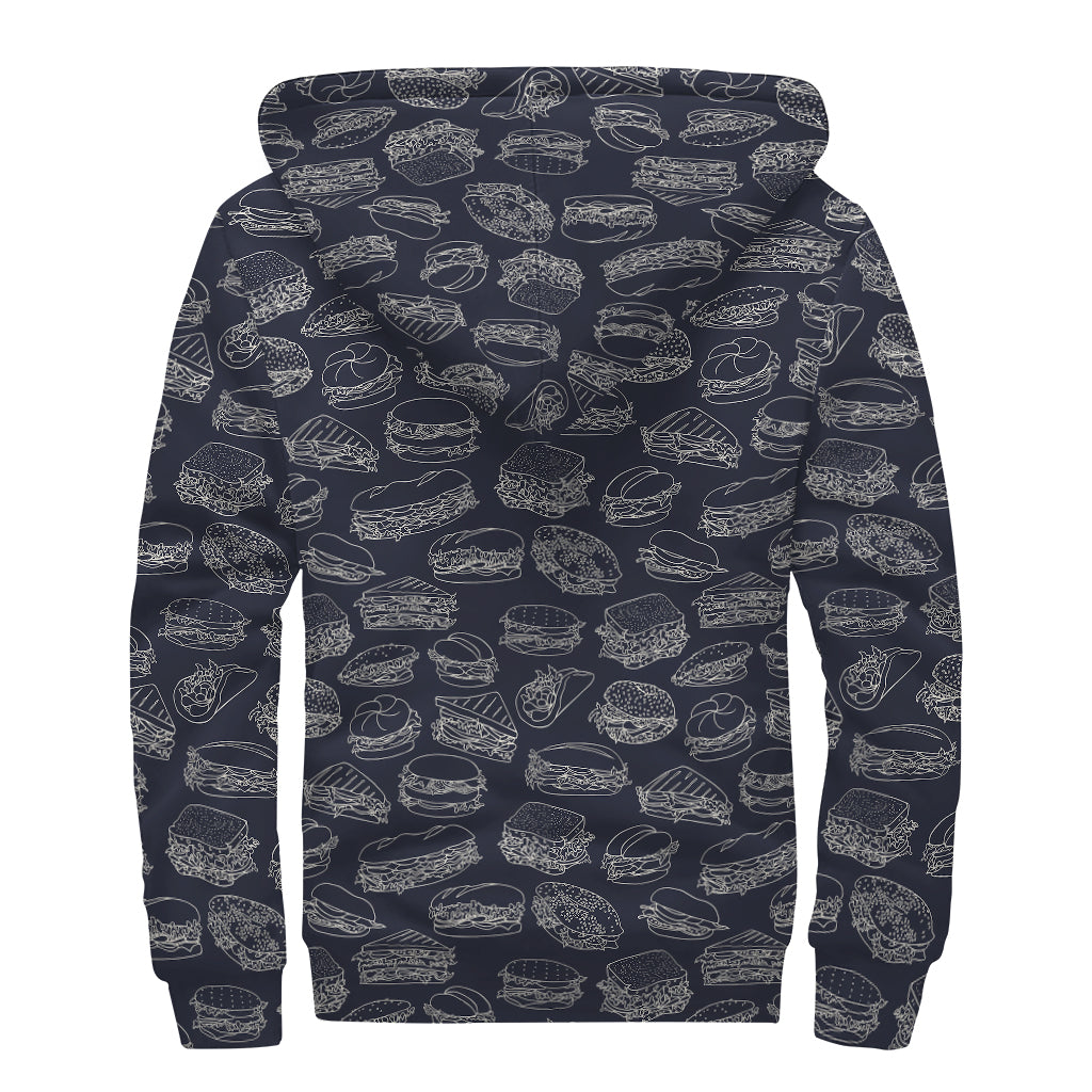 Navy Doodle Sandwich Pattern Print Sherpa Lined Zip Up Hoodie