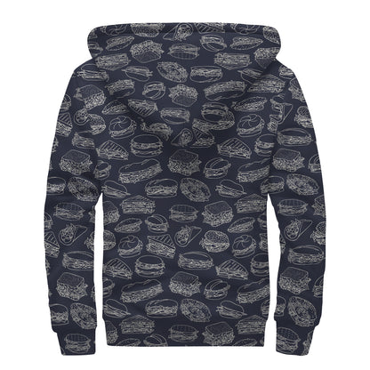 Navy Doodle Sandwich Pattern Print Sherpa Lined Zip Up Hoodie