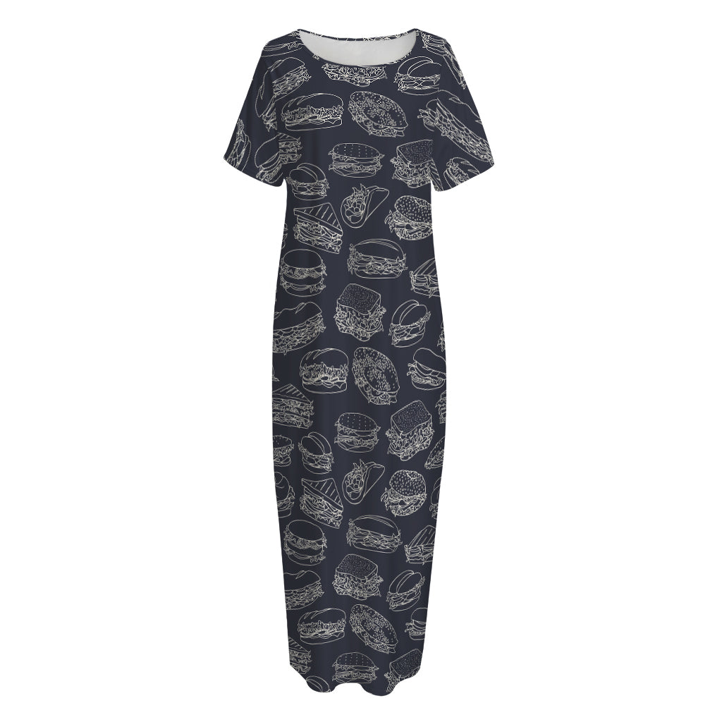 Navy Doodle Sandwich Pattern Print Short Sleeve Long Nightdress