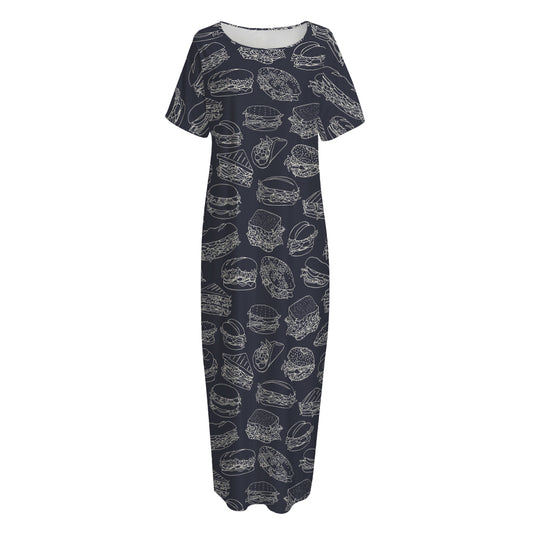Navy Doodle Sandwich Pattern Print Short Sleeve Long Nightdress