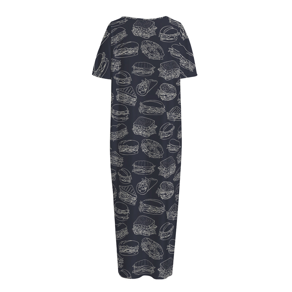 Navy Doodle Sandwich Pattern Print Short Sleeve Long Nightdress