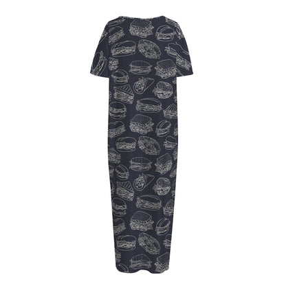 Navy Doodle Sandwich Pattern Print Short Sleeve Long Nightdress