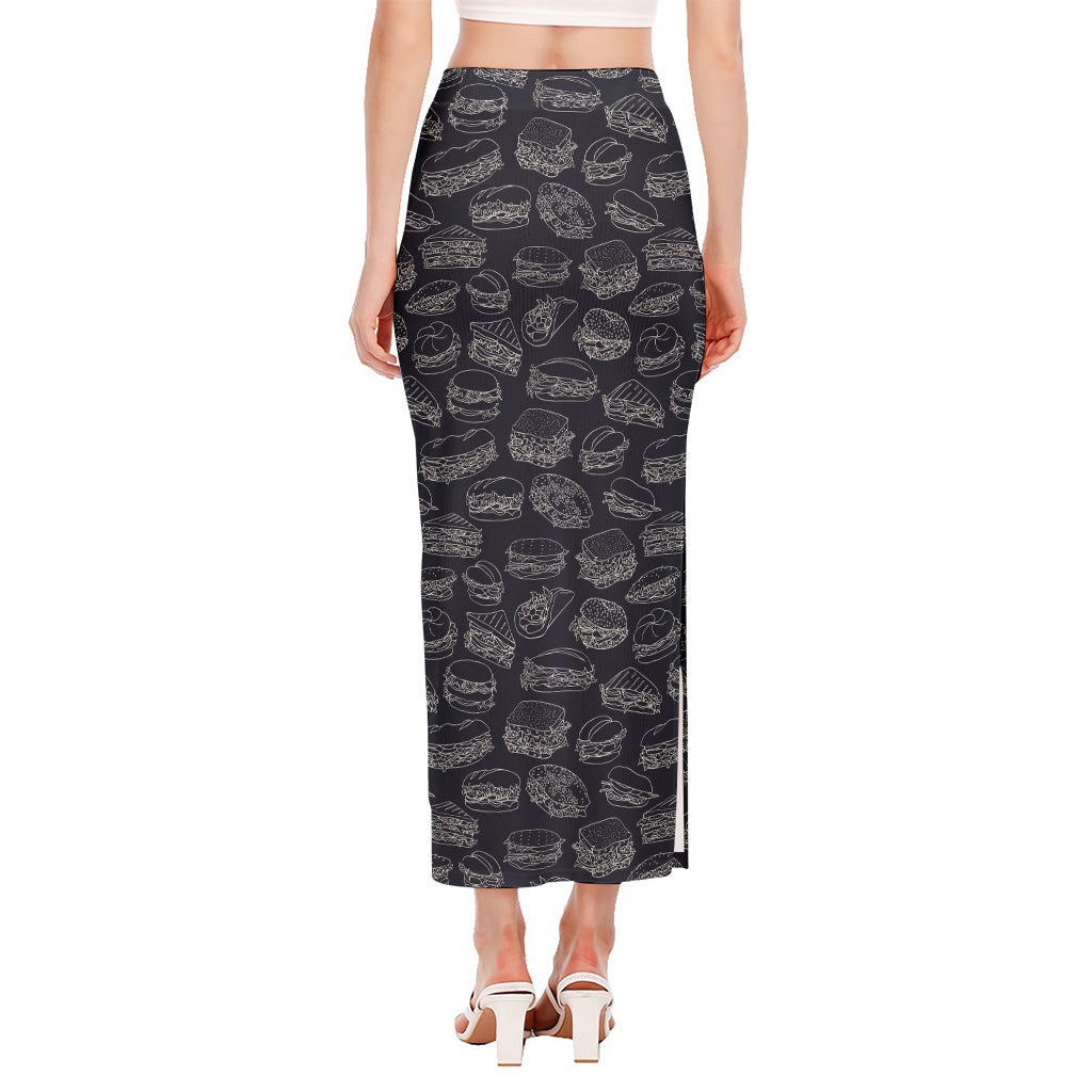 Navy Doodle Sandwich Pattern Print Side Slit Maxi Skirt