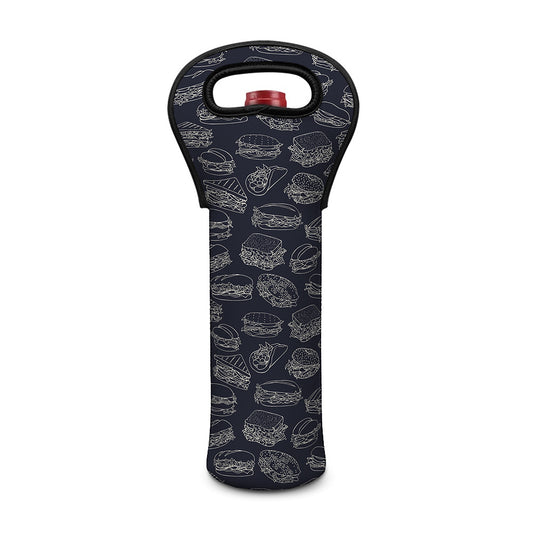 Navy Doodle Sandwich Pattern Print Single Neoprene Wine Tote