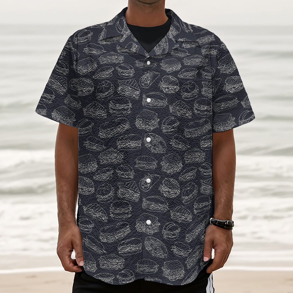 Navy Doodle Sandwich Pattern Print Textured Short Sleeve Shirt