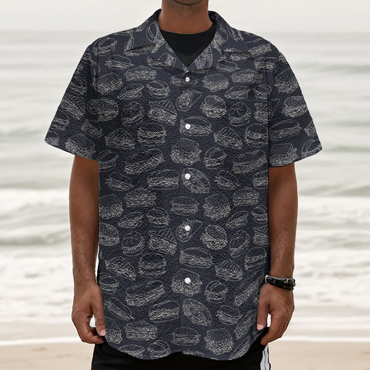 Navy Doodle Sandwich Pattern Print Textured Short Sleeve Shirt
