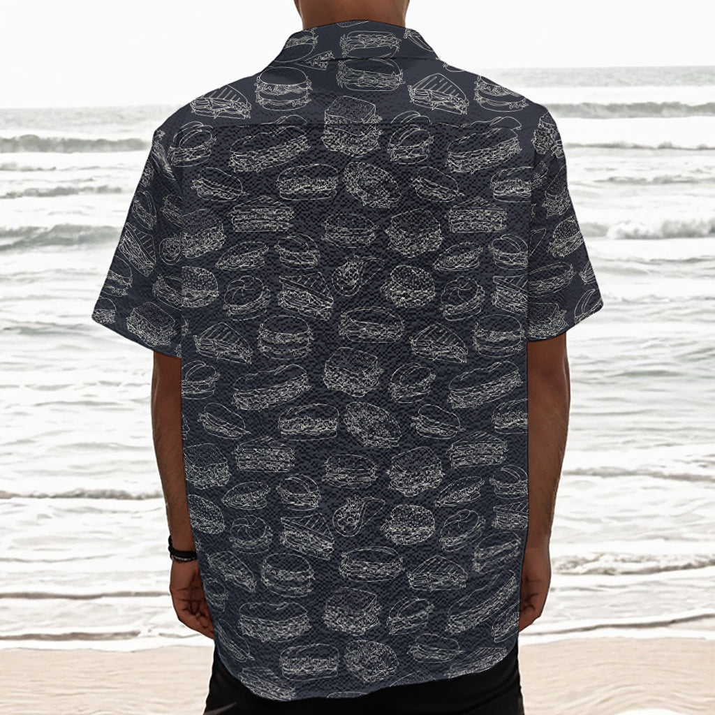 Navy Doodle Sandwich Pattern Print Textured Short Sleeve Shirt