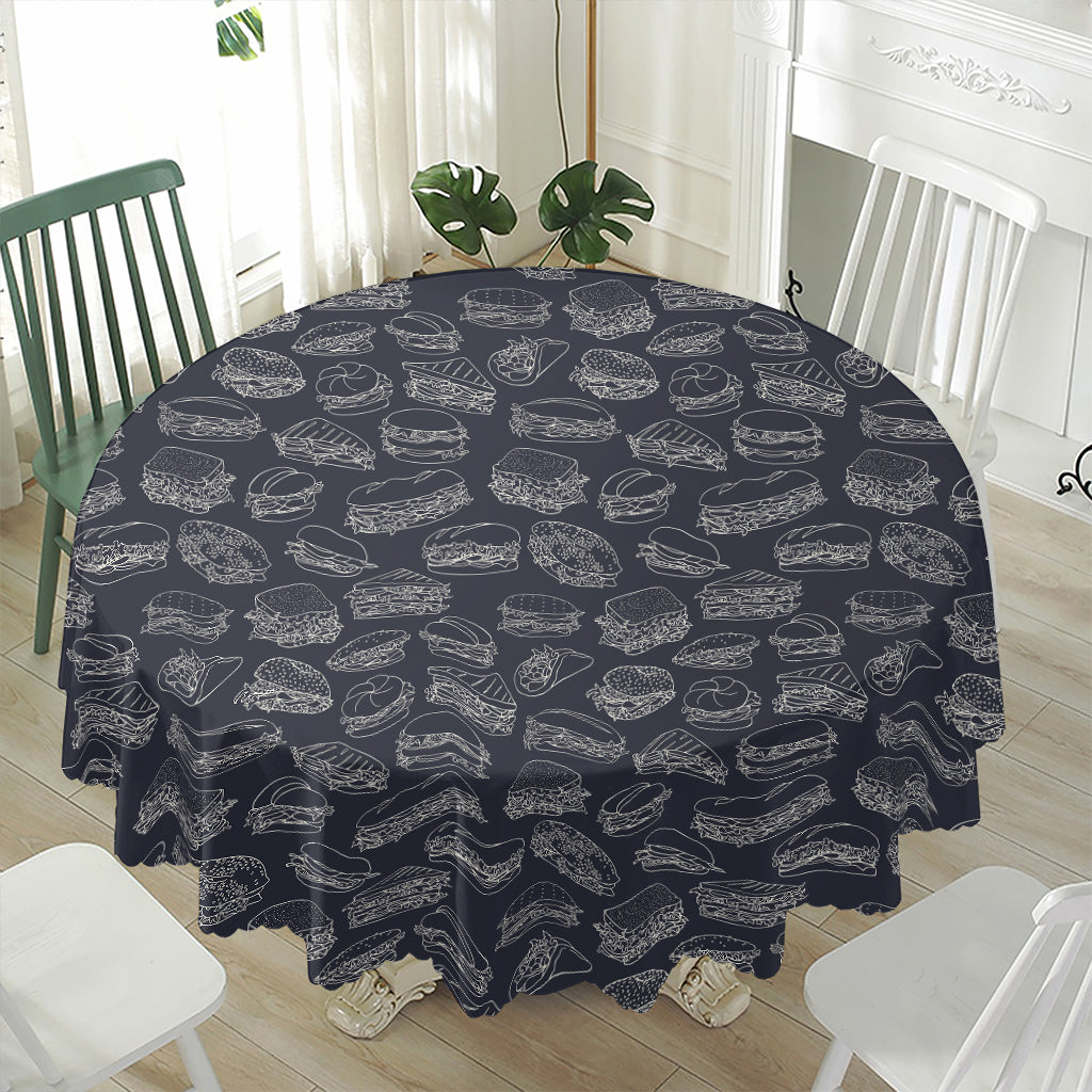 Navy Doodle Sandwich Pattern Print Waterproof Round Tablecloth