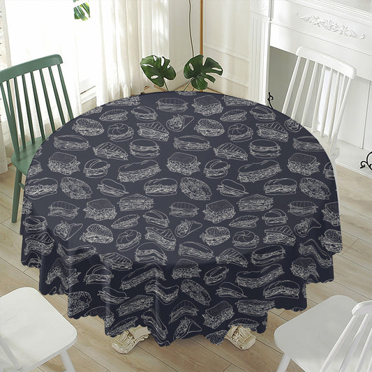 Navy Doodle Sandwich Pattern Print Waterproof Round Tablecloth