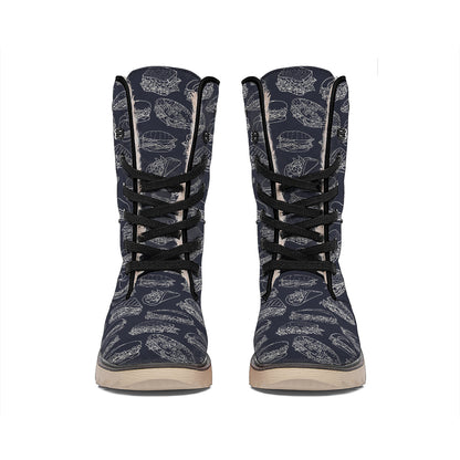 Navy Doodle Sandwich Pattern Print Winter Boots