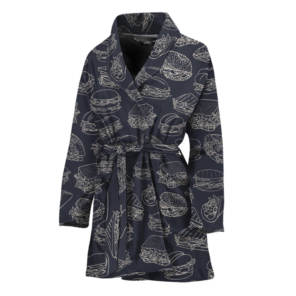 Navy Doodle Sandwich Pattern Print Women's Bathrobe