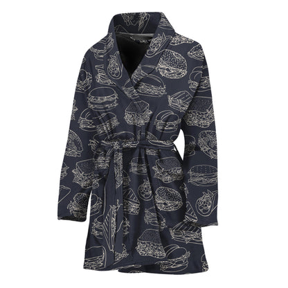 Navy Doodle Sandwich Pattern Print Women's Bathrobe