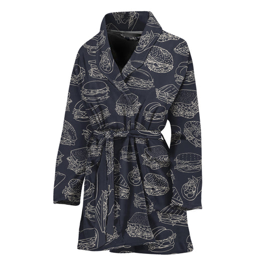 Navy Doodle Sandwich Pattern Print Women's Bathrobe
