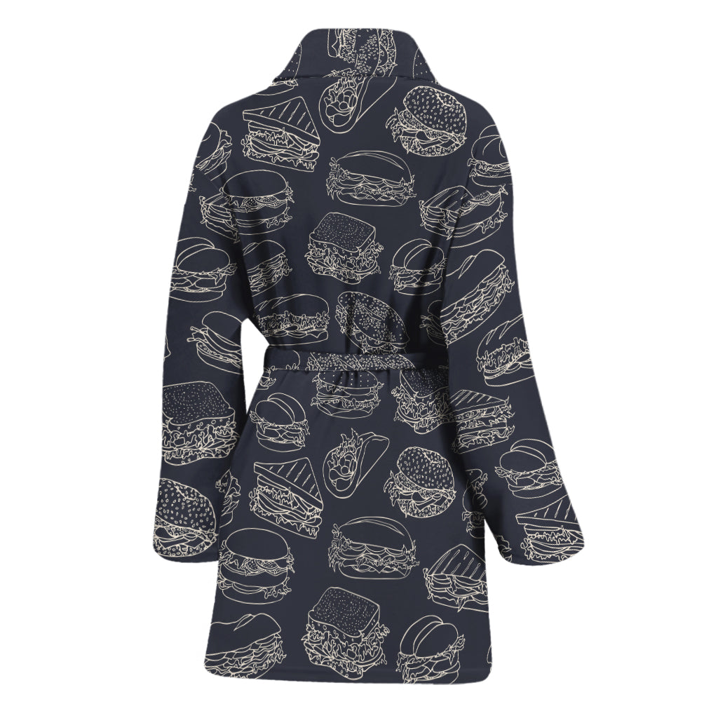 Navy Doodle Sandwich Pattern Print Women's Bathrobe