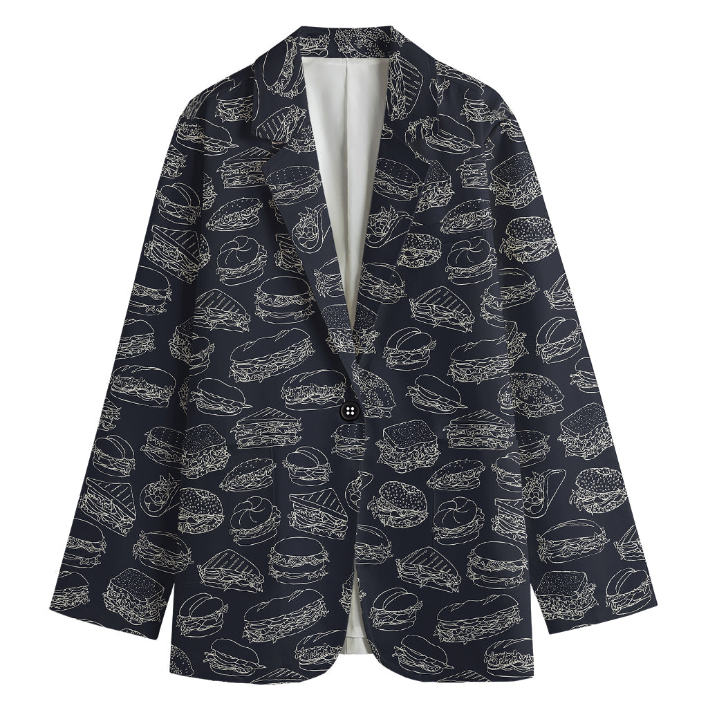 Navy Doodle Sandwich Pattern Print Women's Cotton Blazer