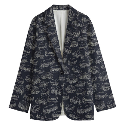 Navy Doodle Sandwich Pattern Print Women's Cotton Blazer
