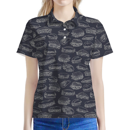 Navy Doodle Sandwich Pattern Print Women's Polo Shirt
