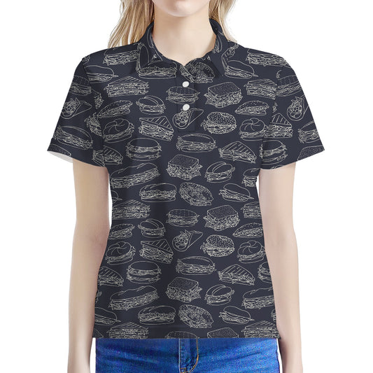 Navy Doodle Sandwich Pattern Print Women's Polo Shirt
