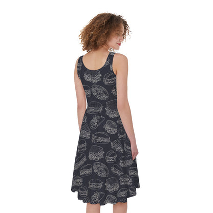 Navy Doodle Sandwich Pattern Print Women's Sleeveless Dress