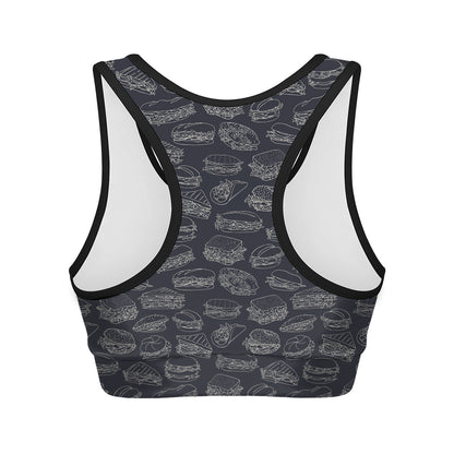 Navy Doodle Sandwich Pattern Print Women's Sports Bra